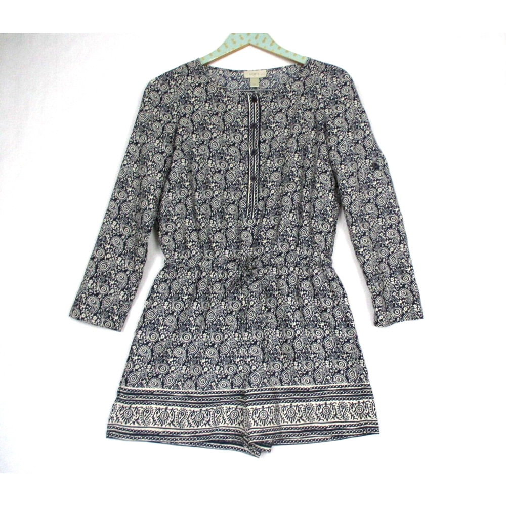 Ann Taylor LOFT Romper Womens 00P Blue Paisley Shorts Roll Tab Top XSP XS Petite